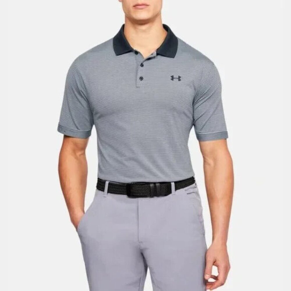 Under Armour Men's Size 2XL Polo Golf Shirt Gray White Stripe UPF 30 NWT